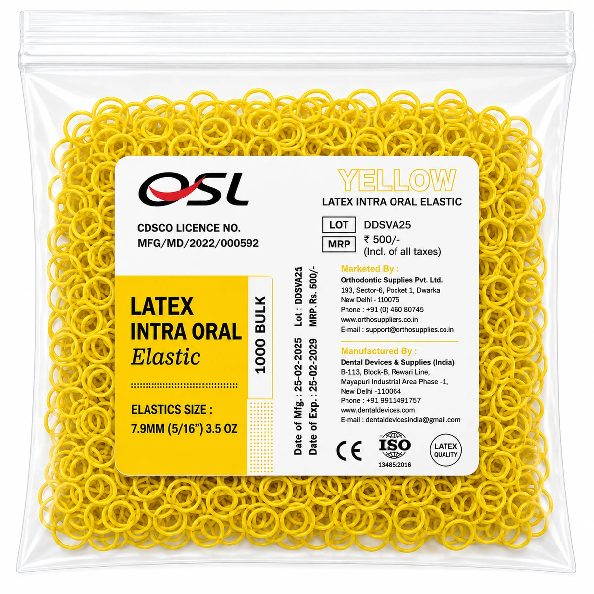 OSL Orthodontic Intraoral Elastic 5/16-(3.5 Oz)- Yellow