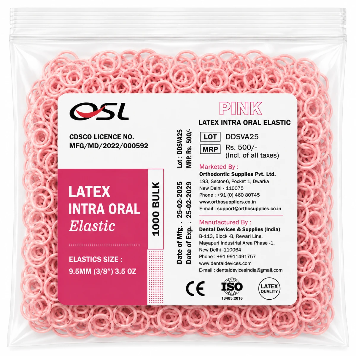 OSL Orthodontic Intraoral Elastic 3/8-(3.5 Oz)- Pink