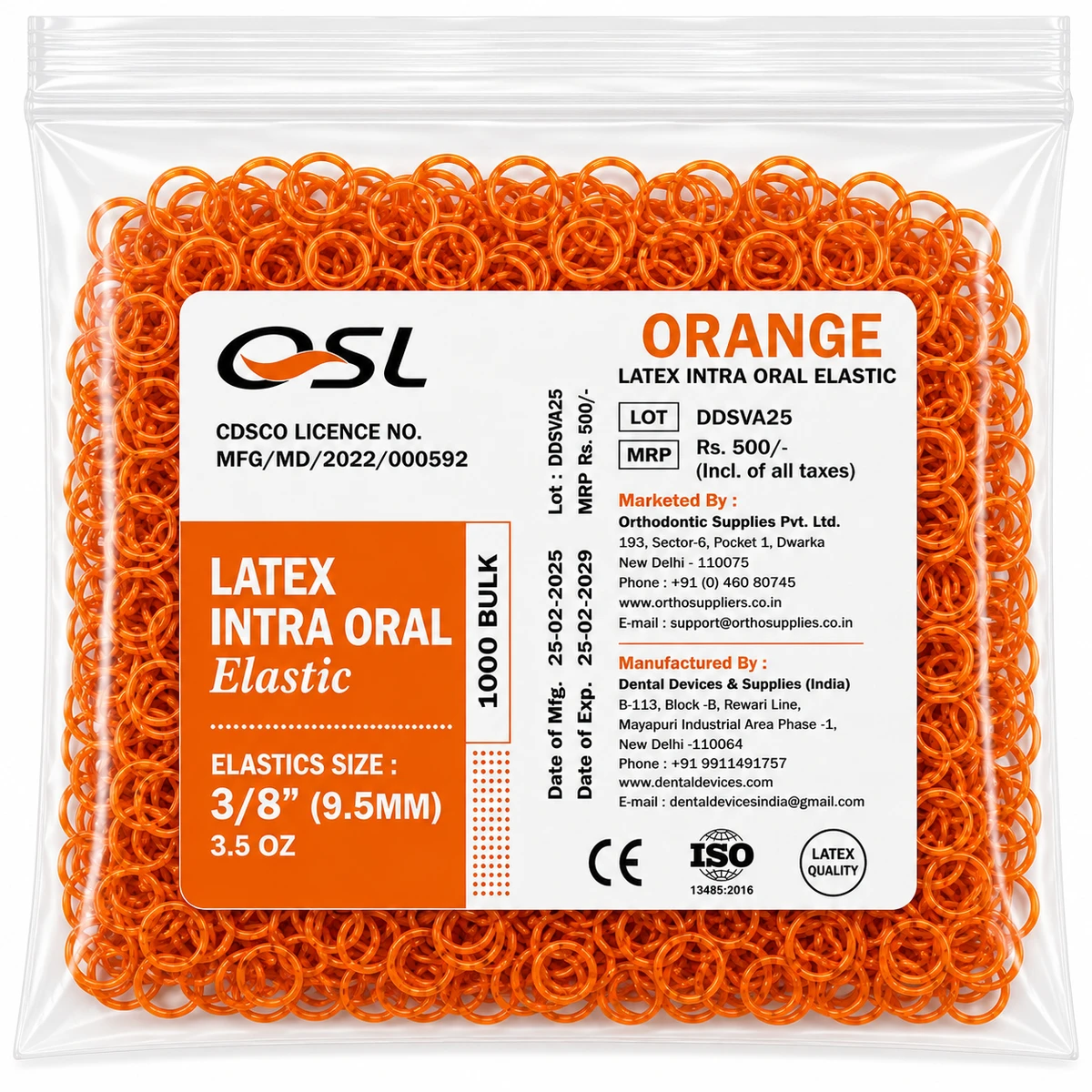 OSL Orthodontic Intraoral Elastic 3/8-(3.5 Oz)- Orange